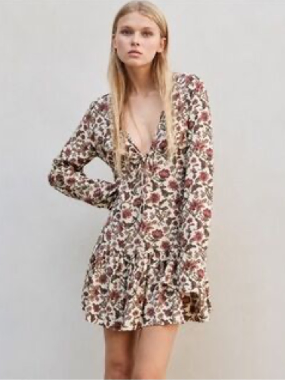 Madewell Floral V-Neck Long-Sleeve Mini Dress in Cream and Rose